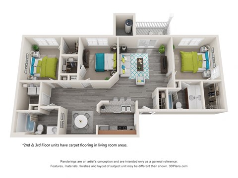 a stylized 3d floor plan with a bedroom and living room
